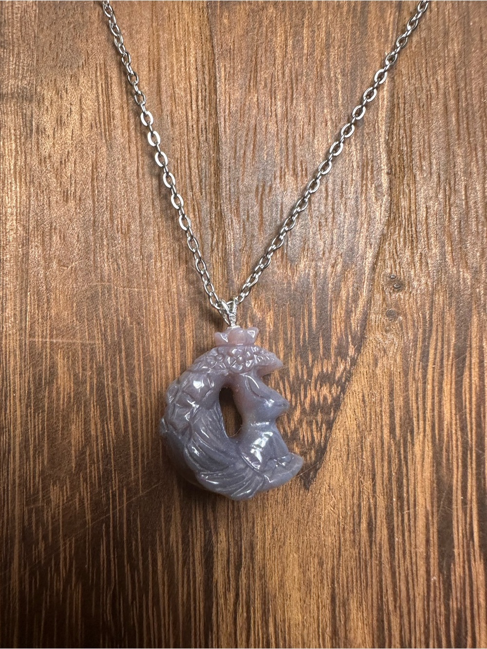 Small Alashan Agate Violet Grey Nine Tail Fox Charm Pendant on Chain
